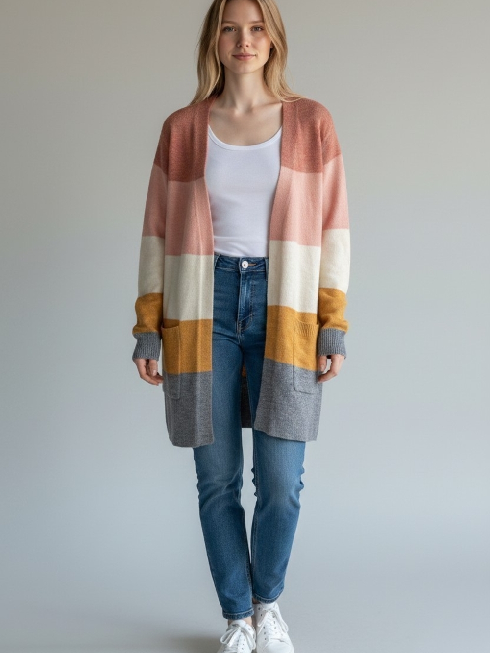 Modern Canvas Color lock Long Open Front Cardigan Sweater Pockets Size Small